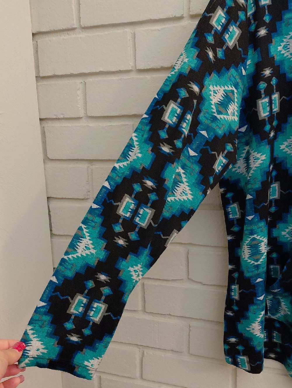 just be Teal, Black and Navy Geometric Kangaroo Pocket Pullover. See Measurement - Picture 4 of 8